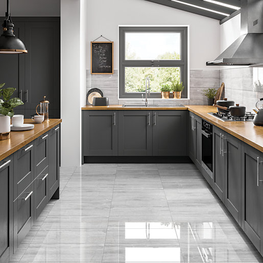 Wickes Olympia Light Grey Polished, Grey Shiny Floor Tiles