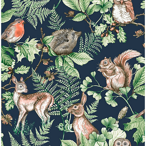 Superfresco Easy Woodland Animals Navy Wallpaper 10m Wickes.co.uk