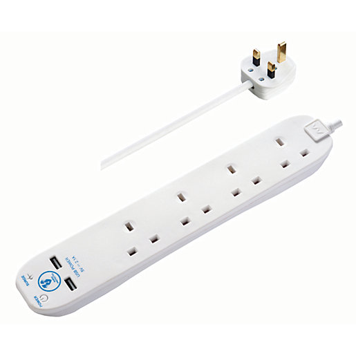 Masterplug 4 Socket Extension Lead With Surge Protection Usb White 2m 13a Wickes Co Uk