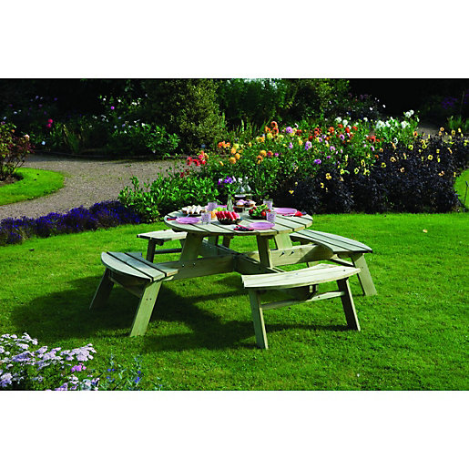 Rowlinson Round Garden Picnic Table, Eight Seater Round Wooden Picnic Table By Rowlinson