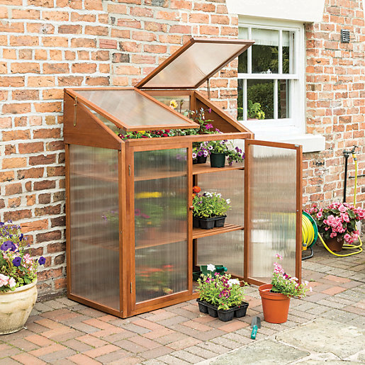 Rowlinson 4 x 2ft Small Brown Wooden Mini Greenhouse with Poycarbonate Panels & Lifting Lid