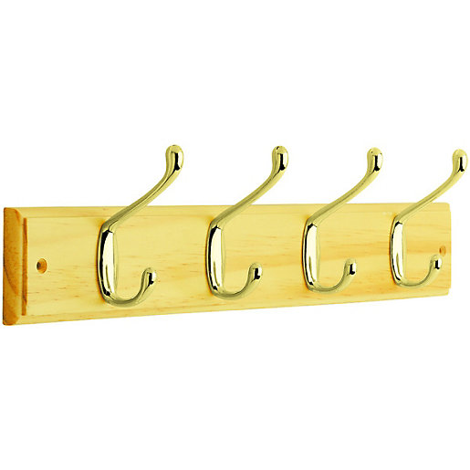 Wickes Light Duty Coat Hook Rail Pine and Brass 450mm Wickes.co.uk
