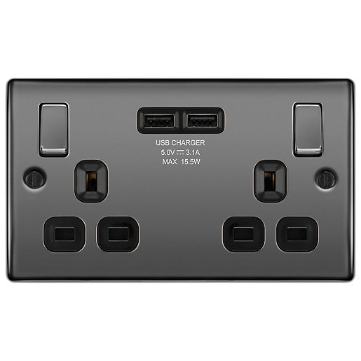 BG 13A Screwed Raised Plate Double Switched Power Socket + 2 X Usb