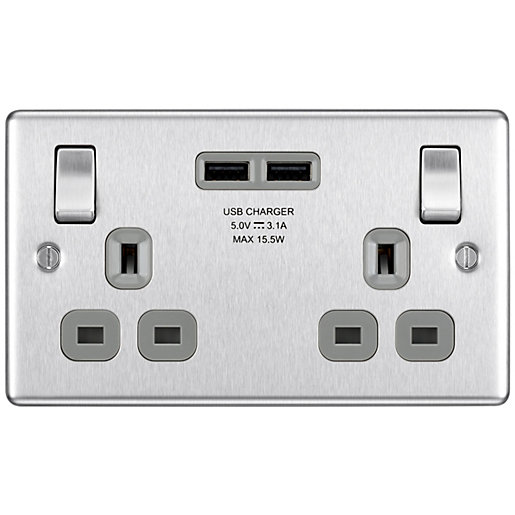 BG 13A Screwed Raised Plate Double Switched Power Socket + 2 X Usb