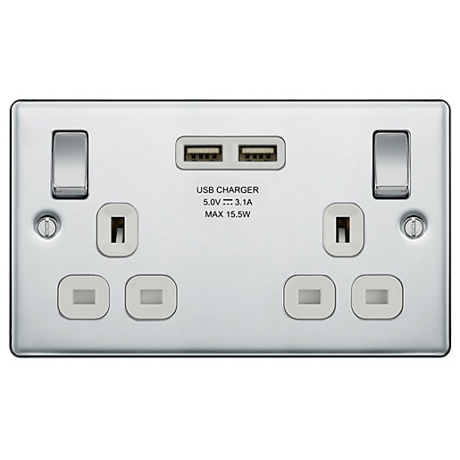 BG 13A Screwed Raised Plate Double Switched Power Socket + 2X Usb