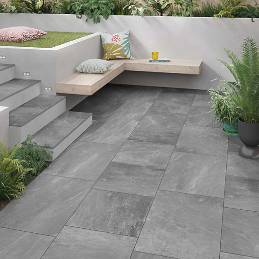Offer Wickes Eastbourne Grey Glazed Outdoor Porcelain Tile