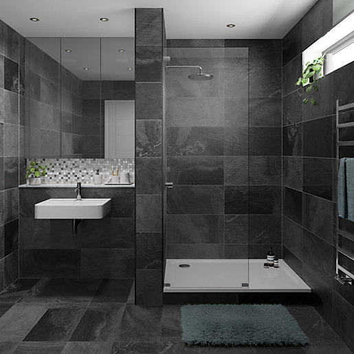 Wickes Black Slate Effect Wall Floor Tile 670 X 333mm Co Uk - Black Wall Tiles Bathroom