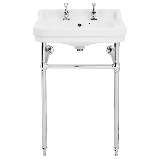 Wickes Oxford Traditional 2 Tap Hole Bathroom Basin With Chrome Stand 550mm Co Uk - 2 Hole Bathroom Sink Taps