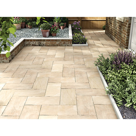 Marshalls Indian Sandstone Riven Buff Multi Paving Slab 600 X 300 X 22 Mm Wickes Co Uk