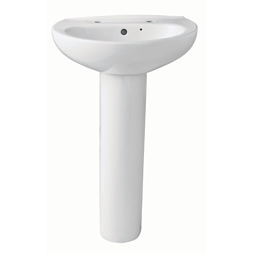 Wickes Portland 2 Tap Hole Ceramic Bathroom Basin With Full Pedestal 550mm Co Uk - 2 Hole Bathroom Sink Taps