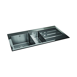 Stainless Steel Sinks Wickes Rae 1 5 Bowl Right Hand Drainer Stainless Steel Kitchen Sink With Black Glass~F1439 305265 00