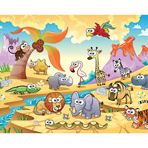ohpopsi African Cartoon Animals With Volcanoes Wall Mural