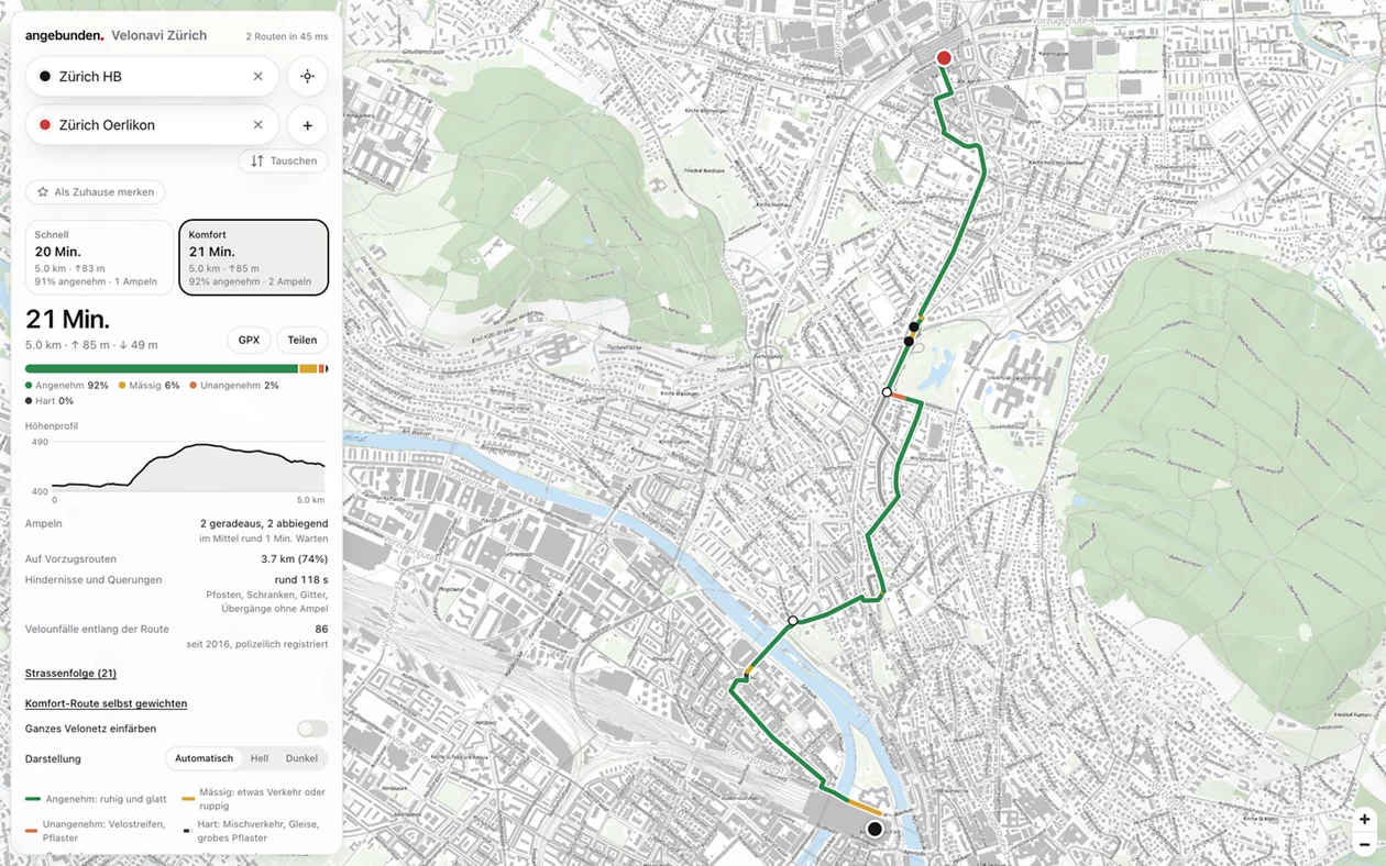 Vorschau einer Veloroute im Velonavi