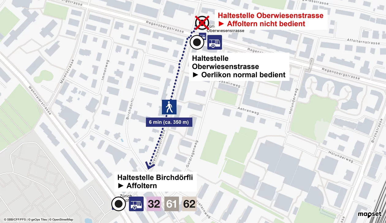 Fussweg von der Haltestelle Oberwiesenstrasse zur Haltestelle Birchdörfli ► Affoltern