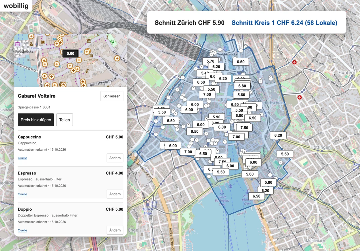 Vorschau zu wobillig für Kaffee im Kreis 1 der Stadt Zürich.
