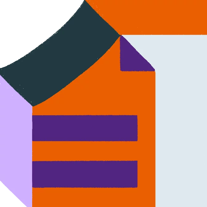 Abstrakte Illustration mit orangefarbenen und violetten geometrischen Formen auf hellem Hintergrund.