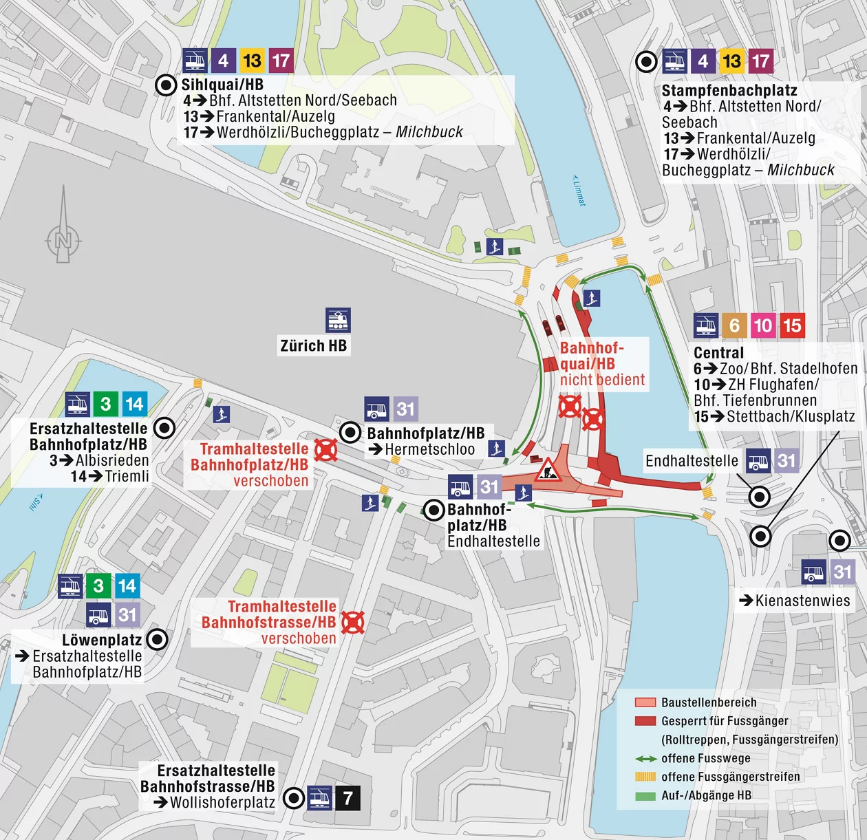 Karte mit Fussgängerwegen rund um den Hauptbahnhof