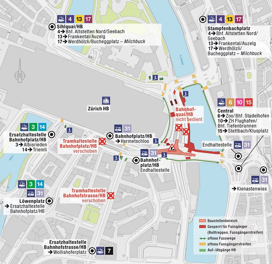 Karte mit Fussgängerwegen rund um den Hauptbahnhof