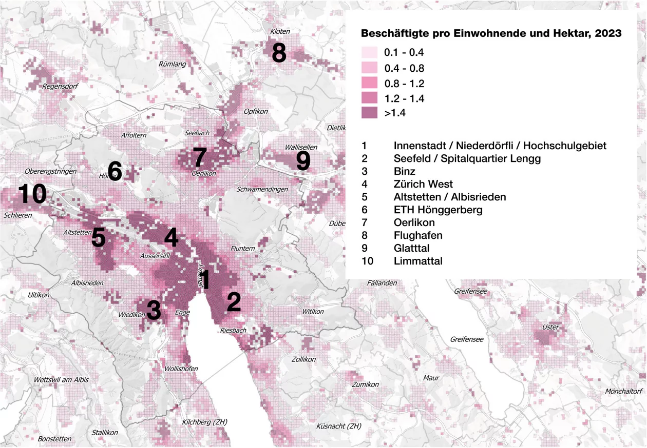Die Abbildung zeigt die Beschäftigten pro Einwohnende in den Agglomerationen Zürich und Winterthur.