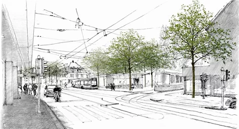 Skizze vom der Tramwendeschlaufe mit Bäumen