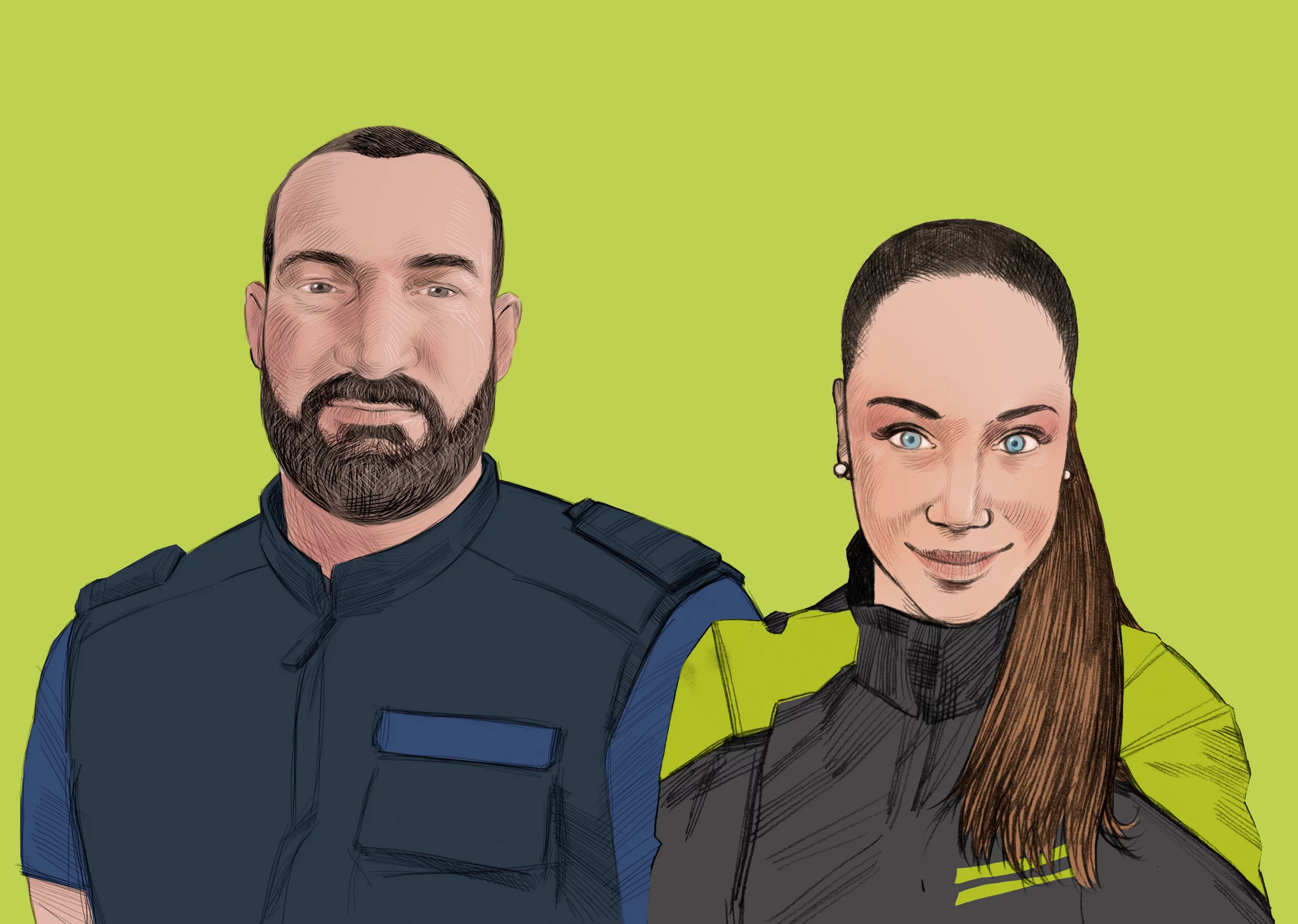 Illustration von Alexandra und Toby, die in den Blaulichtgeschichten einen Einblick in ihren Berufsalltag geben. 