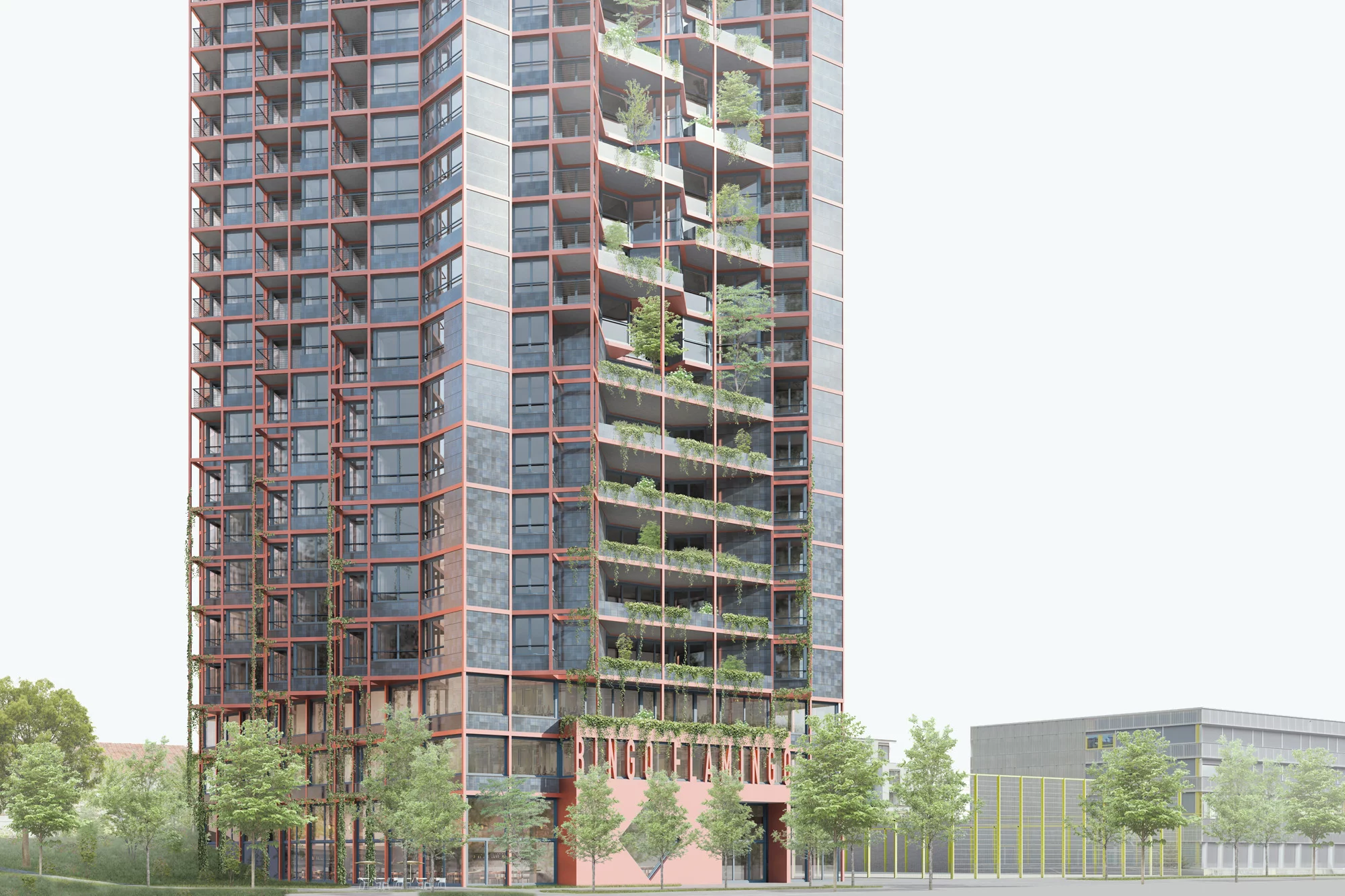 Die Visualisierung des geplanten Bauvorhabens zeigt das Hochhaus mit Grünräumen für das Quartier.