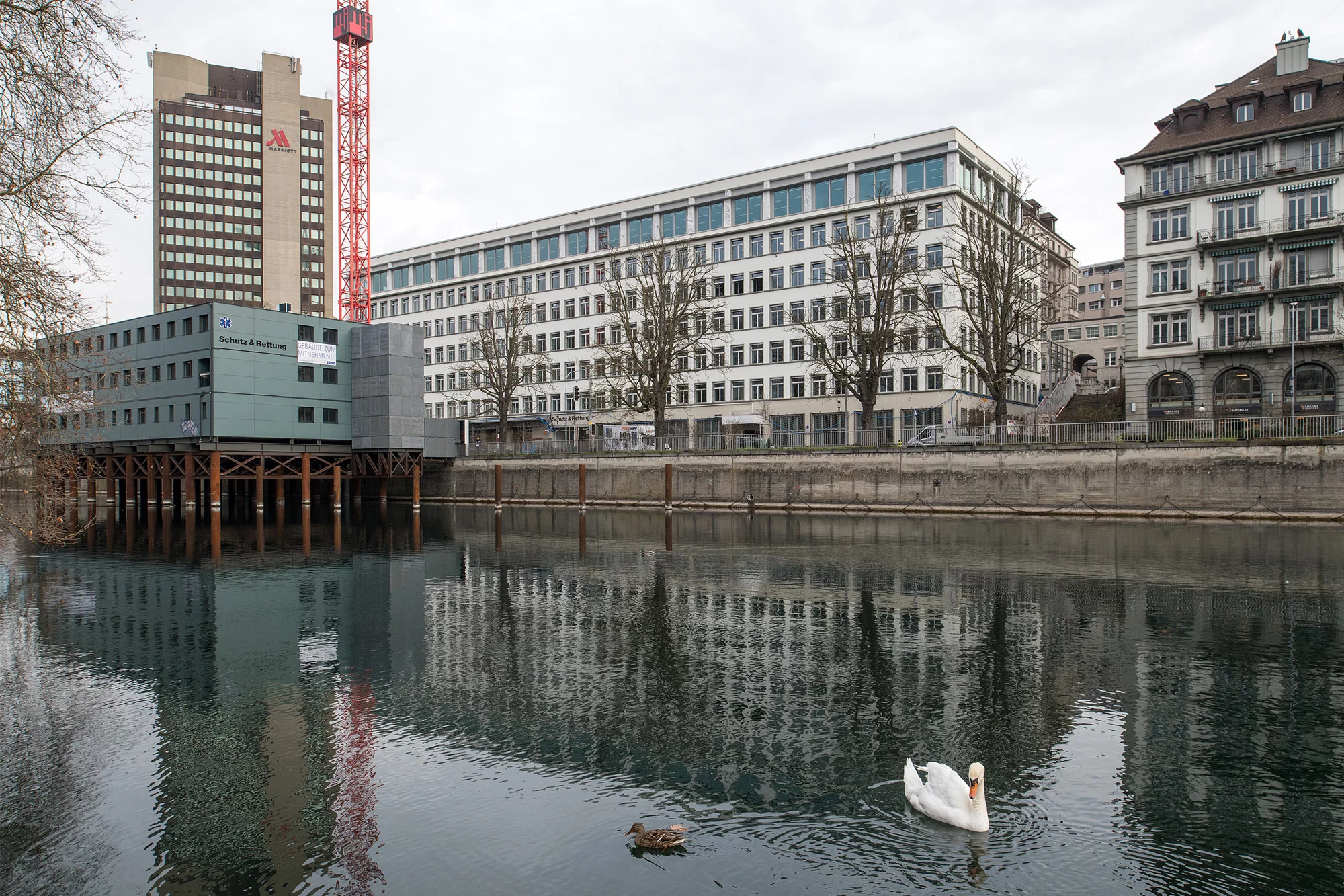Der Blick geht über die Limmat auf das Amtshaus Walche im Hintergrund und das im Wasser stehende Provisorium.