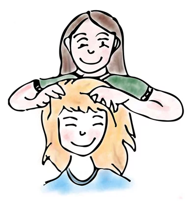 Illustration von Mutter, die das Kopflausmittel in die Haare der Tochter einmassiert.