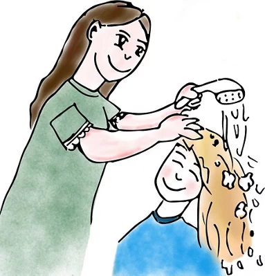 Illustration von einer Mutter die der Tochter die Haare wäscht.