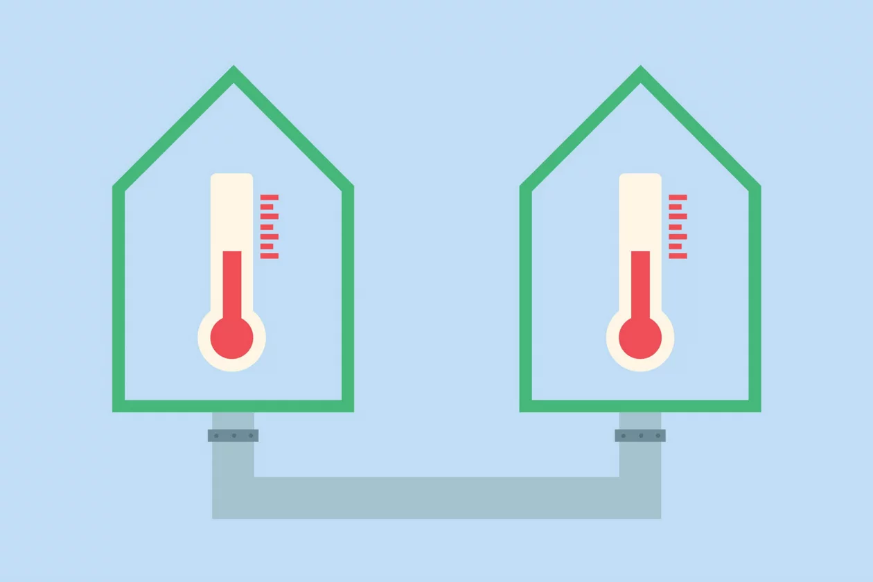 Illustration von zwei grünen Häuserumrissen mit Thermometer im Innern, die über ein Rohr miteinander verbunden sind