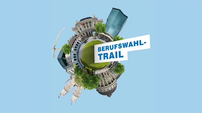 Abstraktes Bild mit bekannten Sehenswürdigkeiten und Orten der Stadt Zürich als Hinweis auf den Berufswahl-Trail