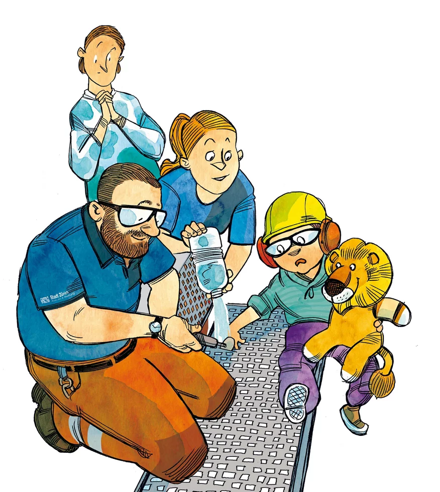 Feuerwehrmann Toby versucht den eingeklemmten Finger des Kindes aus der Bank zu befreien.