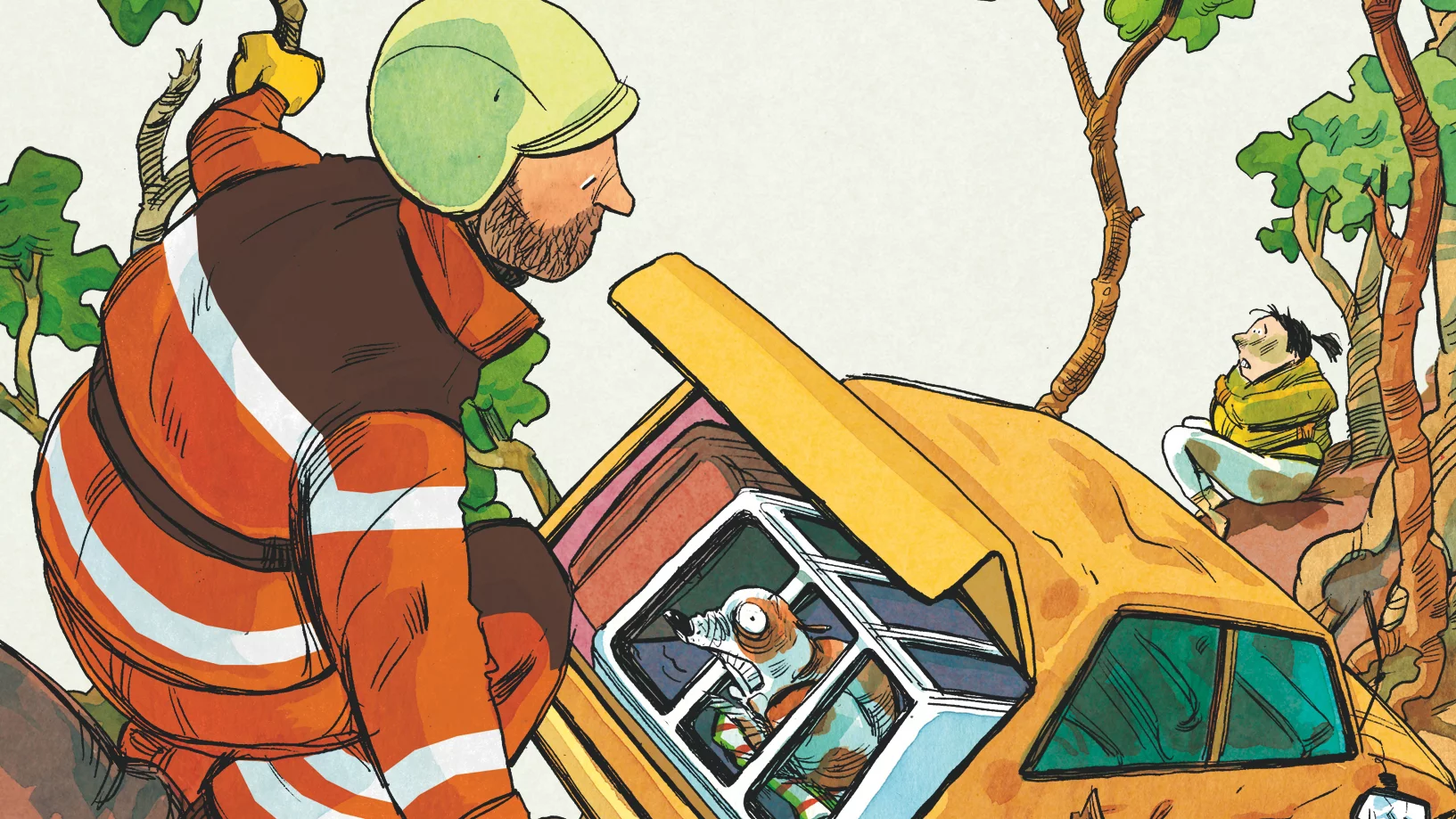 Feuerwehrmann findet einen Hund im Heck eines Unfallwagens