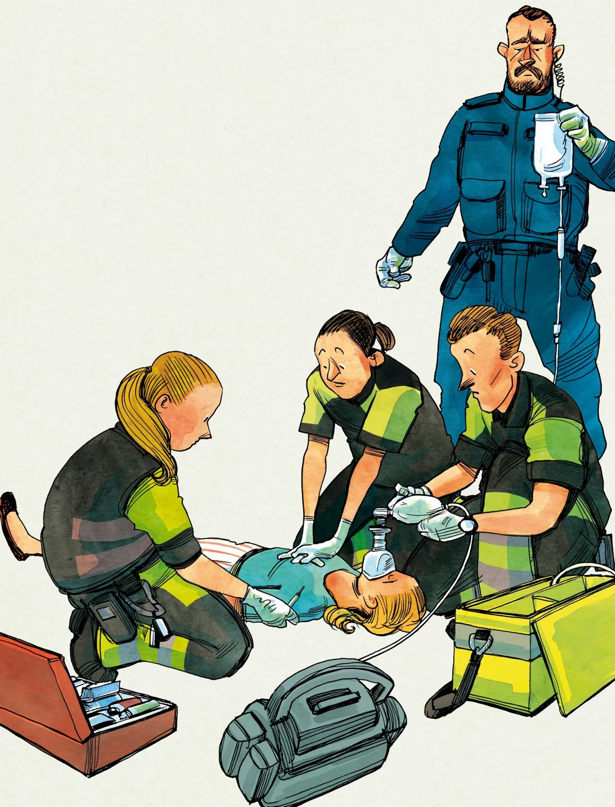Rettungssanitäter*innen reanimieren eine leblose Frau.