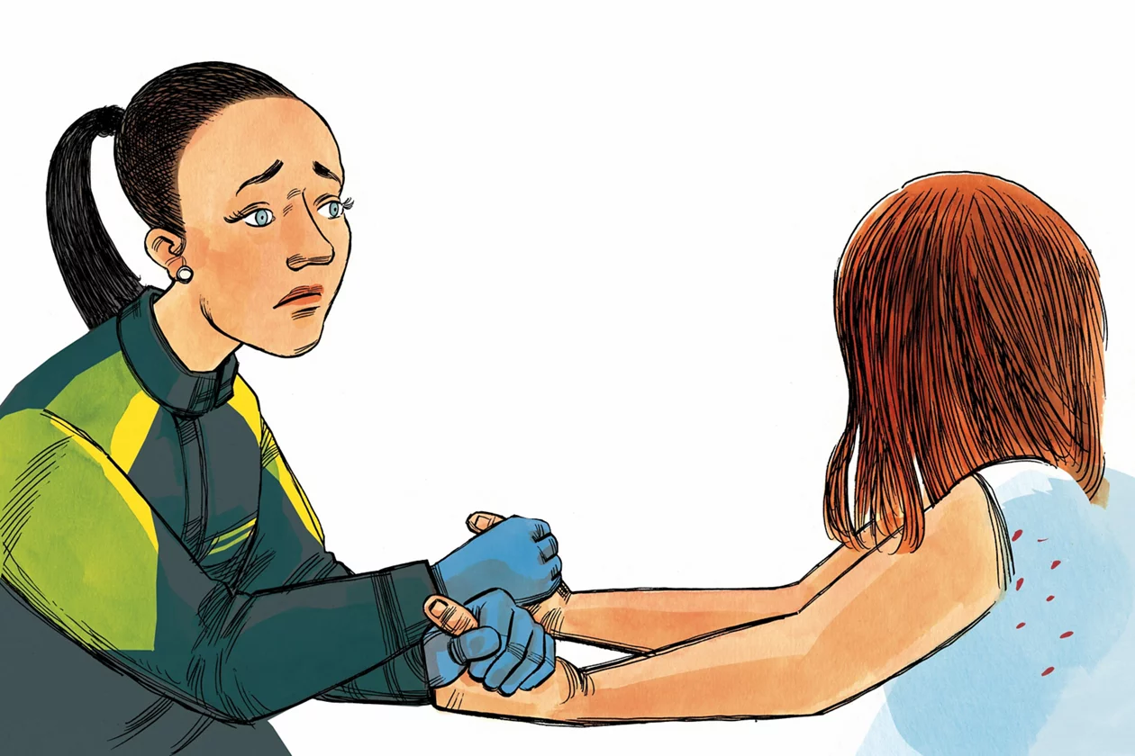 Illustration einer Rettungssanitäterin, die einfühlsam die Hände einer Patientin hält. 