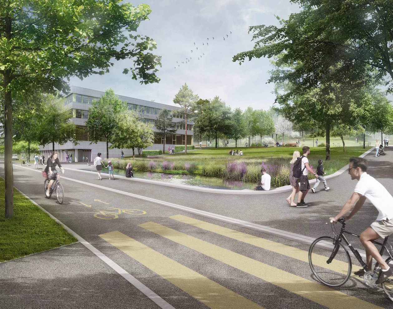 Blickwinkel Parkeingang von der Thurgauerstrasse über das Wasserbecken auf den Quartierpark und das Schulgebäude.