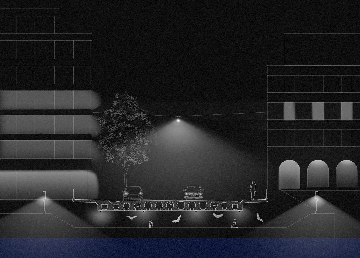Computergrafik zeigt einen virtuellen Schnitt durch eine Brücke mit Hohlräumen in der Nacht.