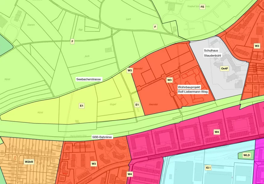 Planausschnitt der Bau- und Zonenordnung vom Gebiet Seebacherstrasse