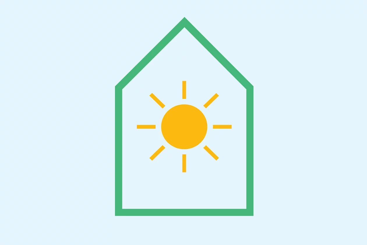 Illustration grünes Haus mit Sonne im Innern