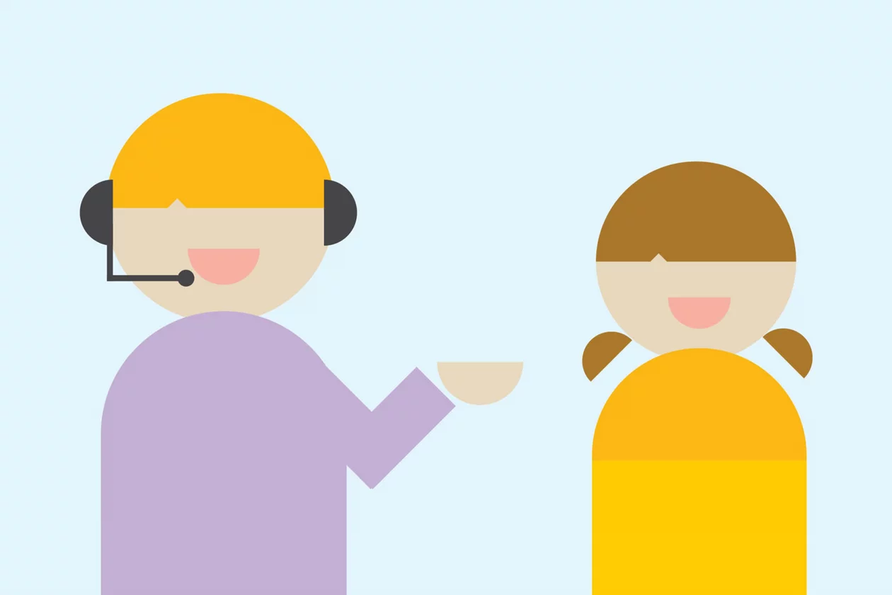 Illustration von zwei Personen, die miteinaner kommunizieren - eine davon trägt ein Headset