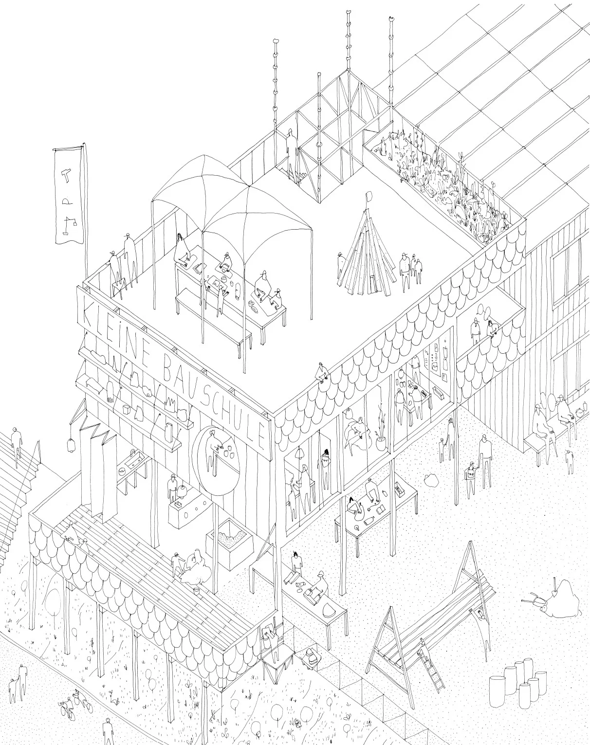 Skizze einer gebauten Struktur und Figuren, die in Werkstätten arbeiten