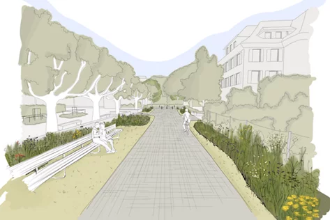 Skizze schmale Strasse mit langer Bank und Strassengrün