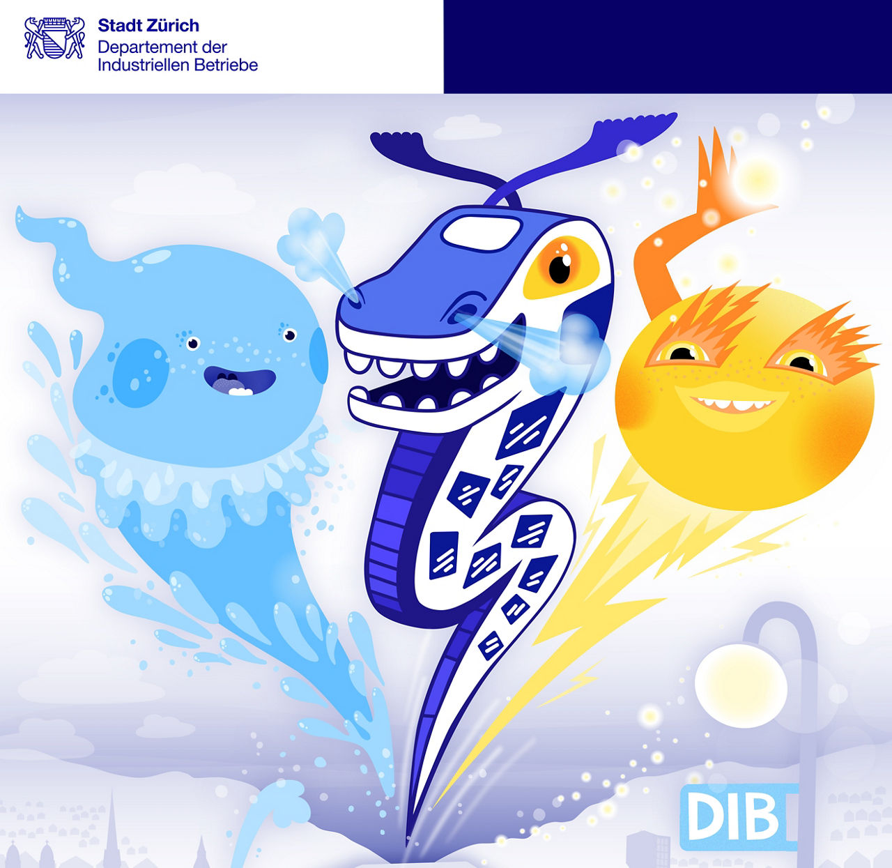 Illustration der drei Stadtkräfte für Wasser, öffentlichen Verkehr und Energie.