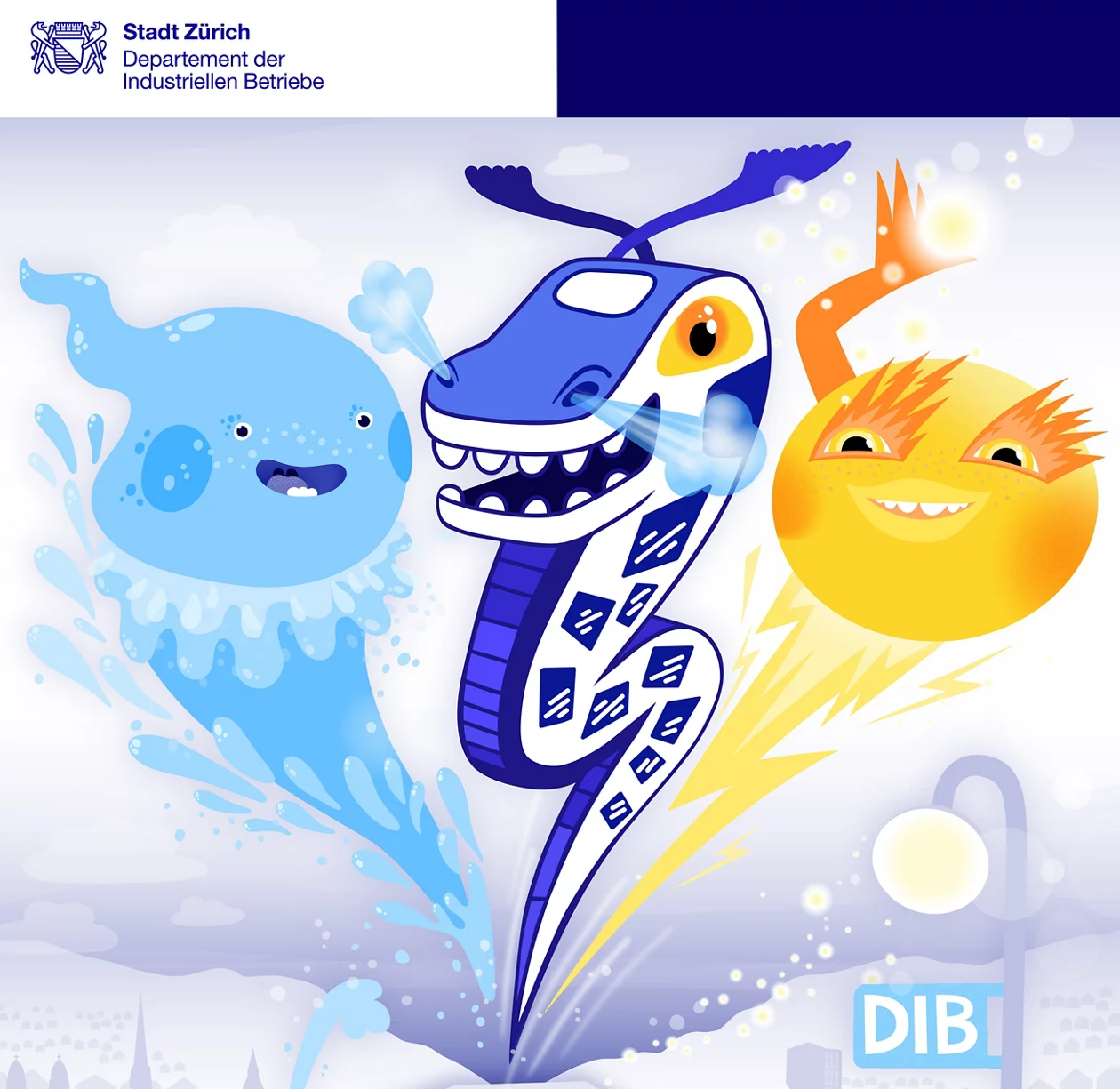 Drei Wesen illustrieren das Wasser, die Mobilität und Energie
