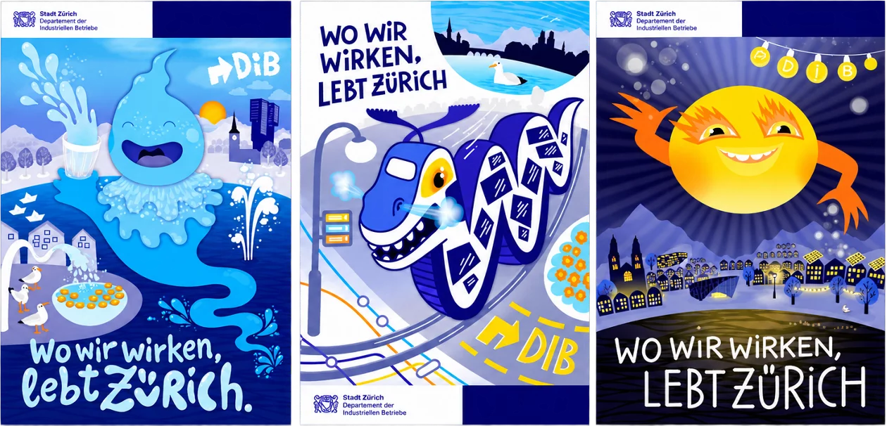 Drei Plakatmotive der DIB-Agenda 2030 zu Wasser, öffentlichem Verkehr und Energie.