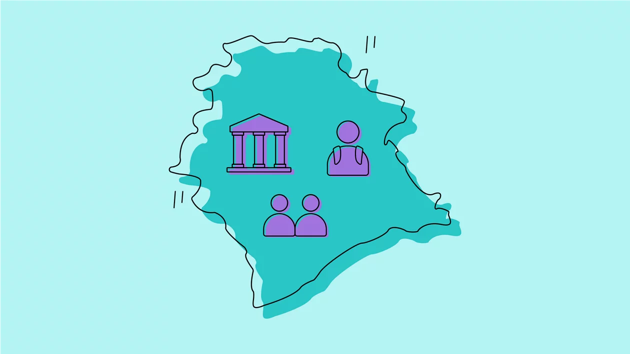 Illustration des Umrisses der Stadt Zürich mit Personen- und Säulen-Icons