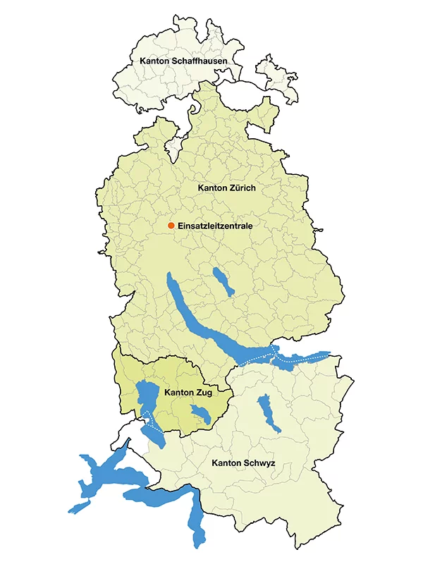 Karte der vier Kantone Zürich, Schwyz, Schaffhausen und Zug