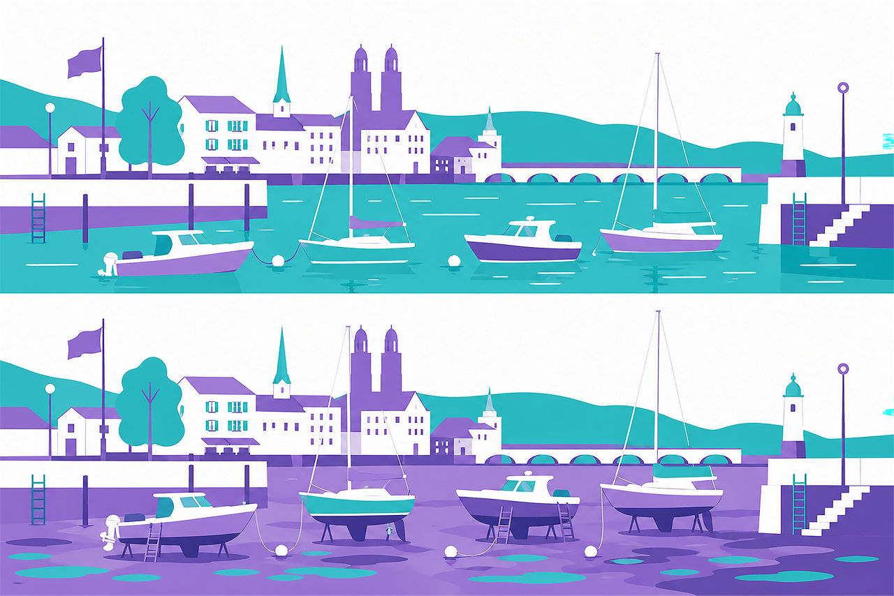 Eine sinnbildliche Illustration zu „Eine steigende Flut hebt alle Boote“: Oben der Zürichsee ohne Wasser, unten mit Wasser, sodass die Boote angehoben werden. Schlichte Illustration in Petrol und Violett.