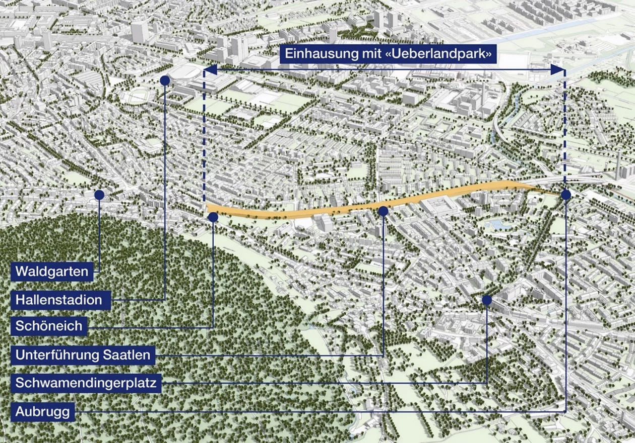 Plan Einhausung Schwamendingen mit Ueberlandpark 
