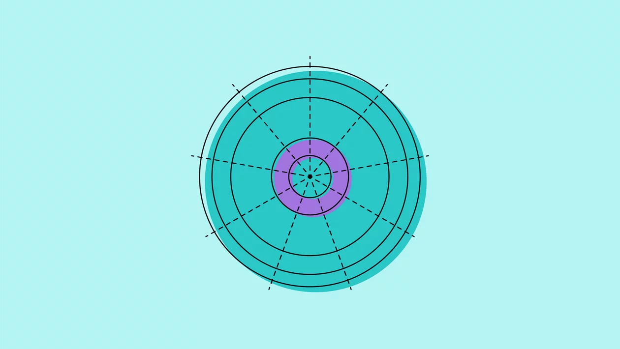 Illustration in Petrol und Violett einer Begabungssonne: ein Kreis, der mit gestrichelten Linien in acht Teile geteilt ist.